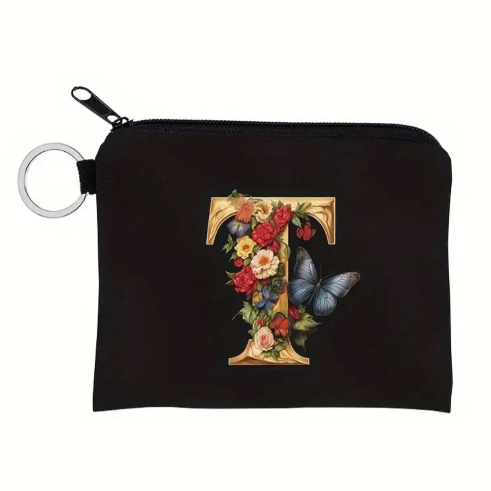 Floral Initial Black Keychain Pouch